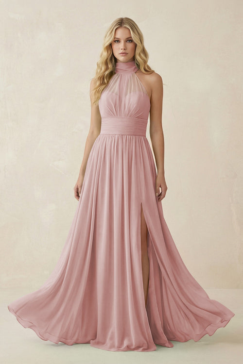 Illusion Halter A - Line Chiffon Bridesmaid Gown in Dusty Rose - KISS BRIDAL Bridesmaid Dresses