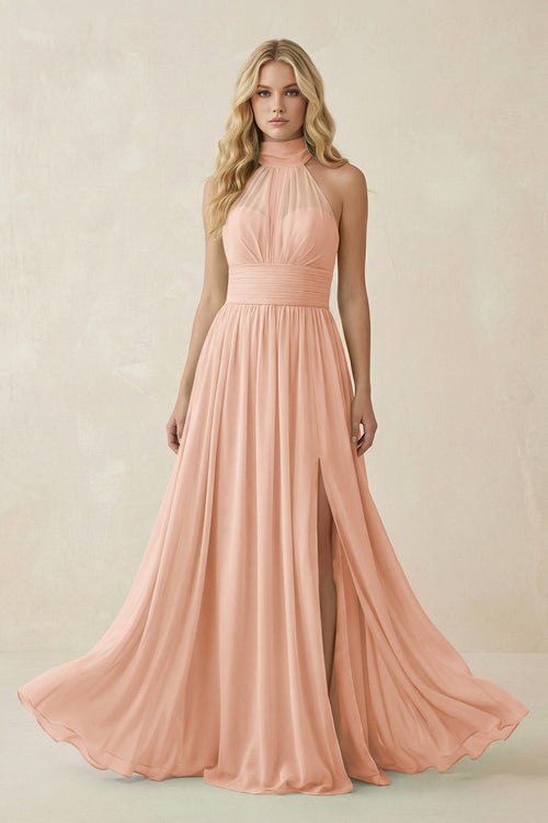 Illusion Halter A - Line Chiffon Bridesmaid Gown in English Rose - KISS BRIDAL Bridesmaid Dresses