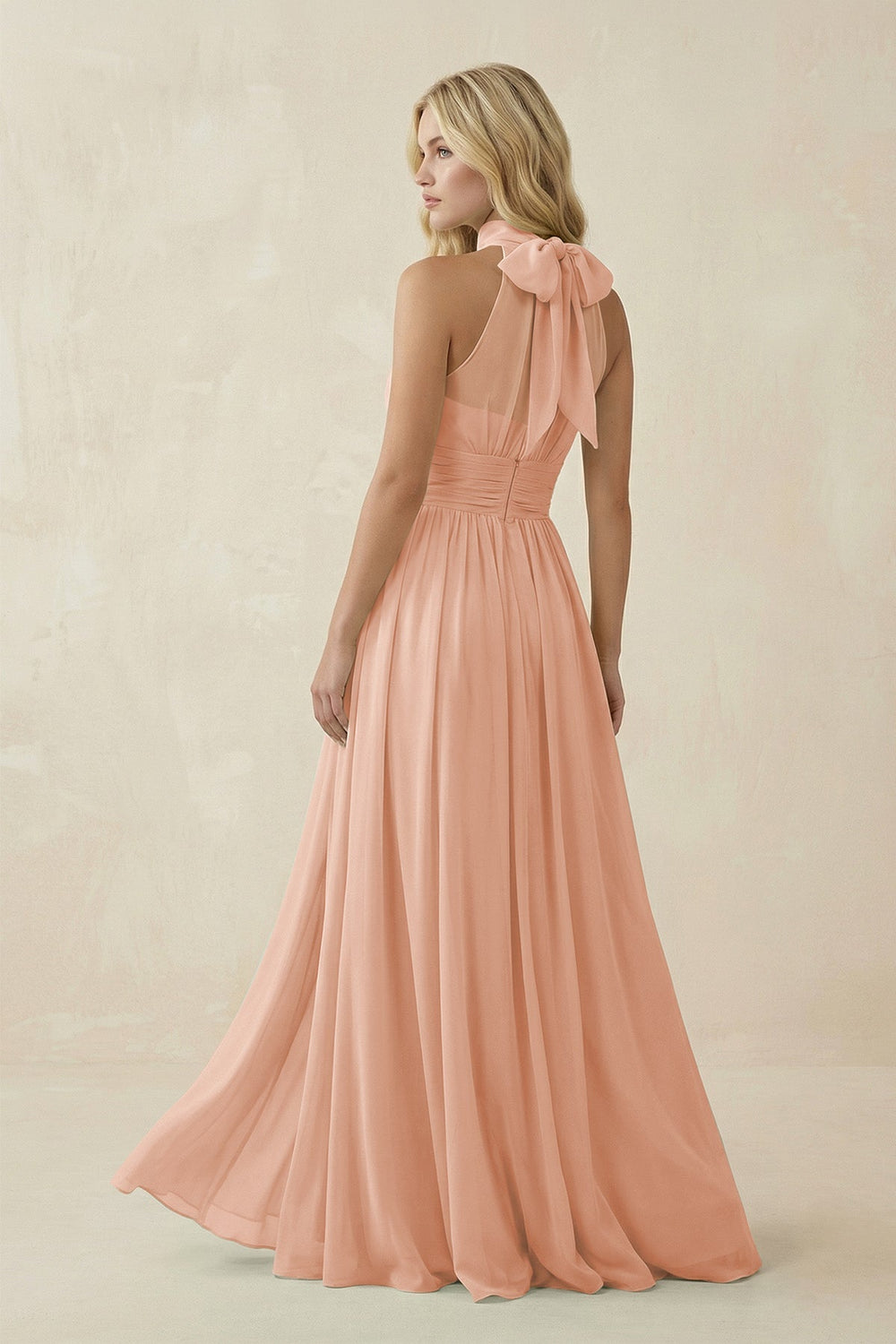 Illusion Halter A - Line Chiffon Bridesmaid Gown in English Rose - KISS BRIDAL Bridesmaid Dresses
