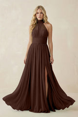 Illusion Halter A - Line Chiffon Bridesmaid Gown in Espresso - KISS BRIDAL Bridesmaid Dresses