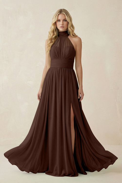Illusion Halter A - Line Chiffon Bridesmaid Gown in Espresso - SHE IS ME Bridesmaid Dresses