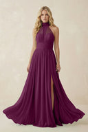 Illusion Halter A - Line Chiffon Bridesmaid Gown in Fig - KISS BRIDAL Bridesmaid Dresses