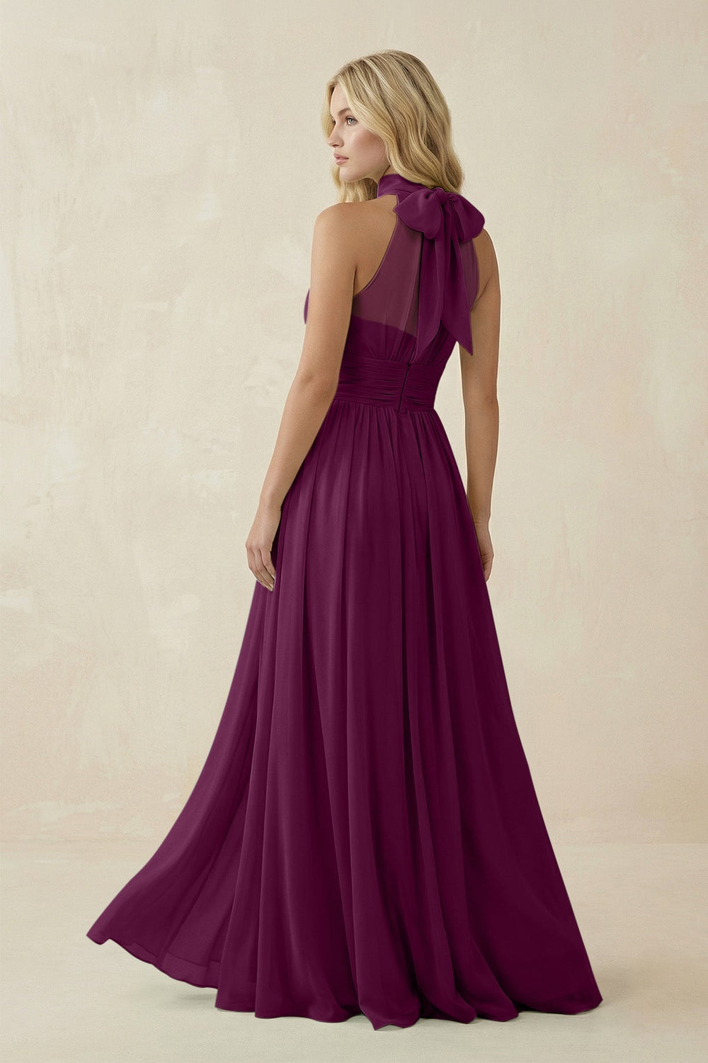 Illusion Halter A - Line Chiffon Bridesmaid Gown in Fig - KISS BRIDAL Bridesmaid Dresses