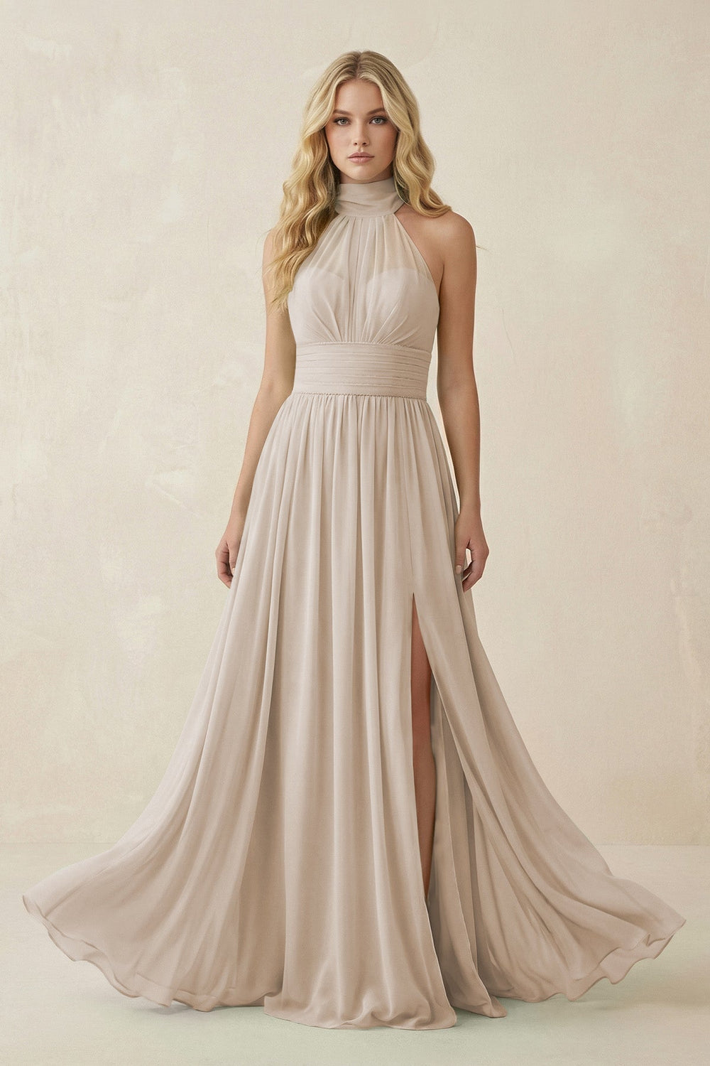 Illusion Halter A - Line Chiffon Bridesmaid Gown in Frost - KISS BRIDAL Bridesmaid Dresses