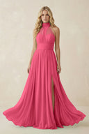 Illusion Halter A - Line Chiffon Bridesmaid Gown in Fuchsia - KISS BRIDAL Bridesmaid Dresses