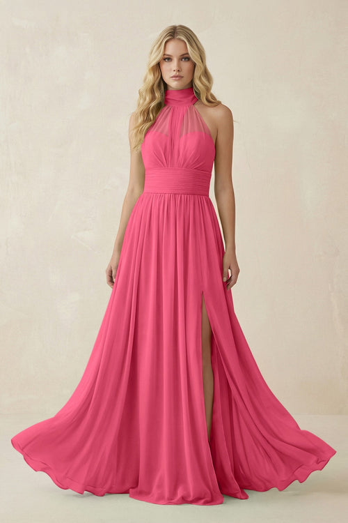 Illusion Halter A - Line Chiffon Bridesmaid Gown in Fuchsia - KISS BRIDAL Bridesmaid Dresses