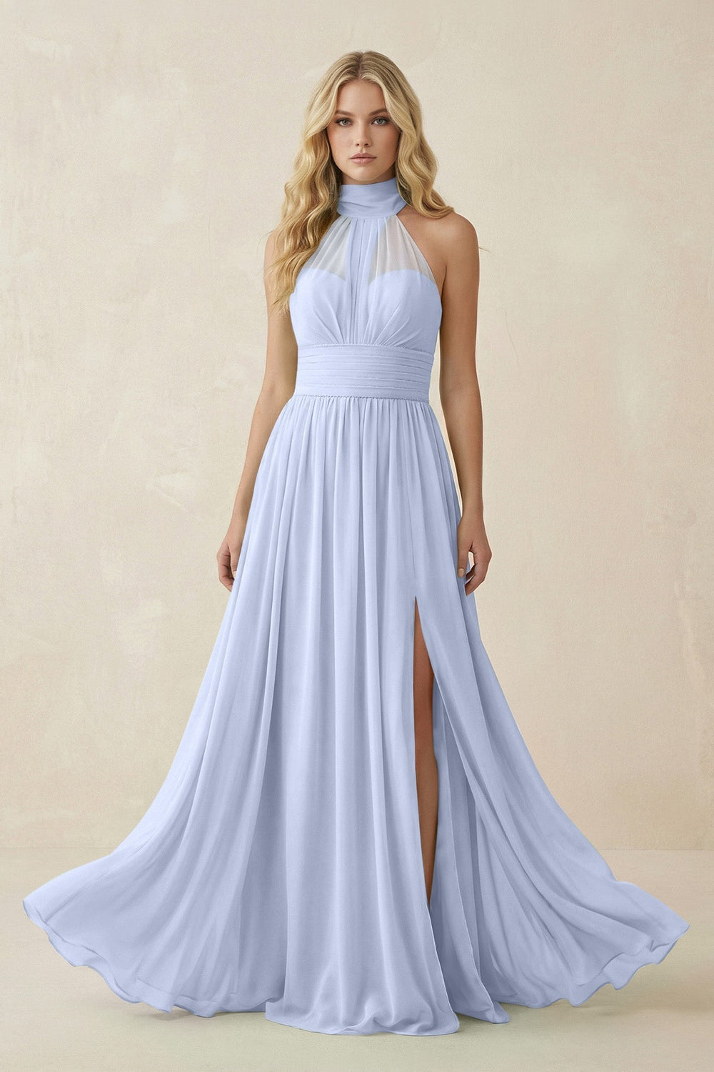 Illusion Halter A - Line Chiffon Bridesmaid Gown in Ice - KISS BRIDAL Bridesmaid Dresses