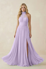 Illusion Halter A - Line Chiffon Bridesmaid Gown in Lavender - KISS BRIDAL Bridesmaid Dresses