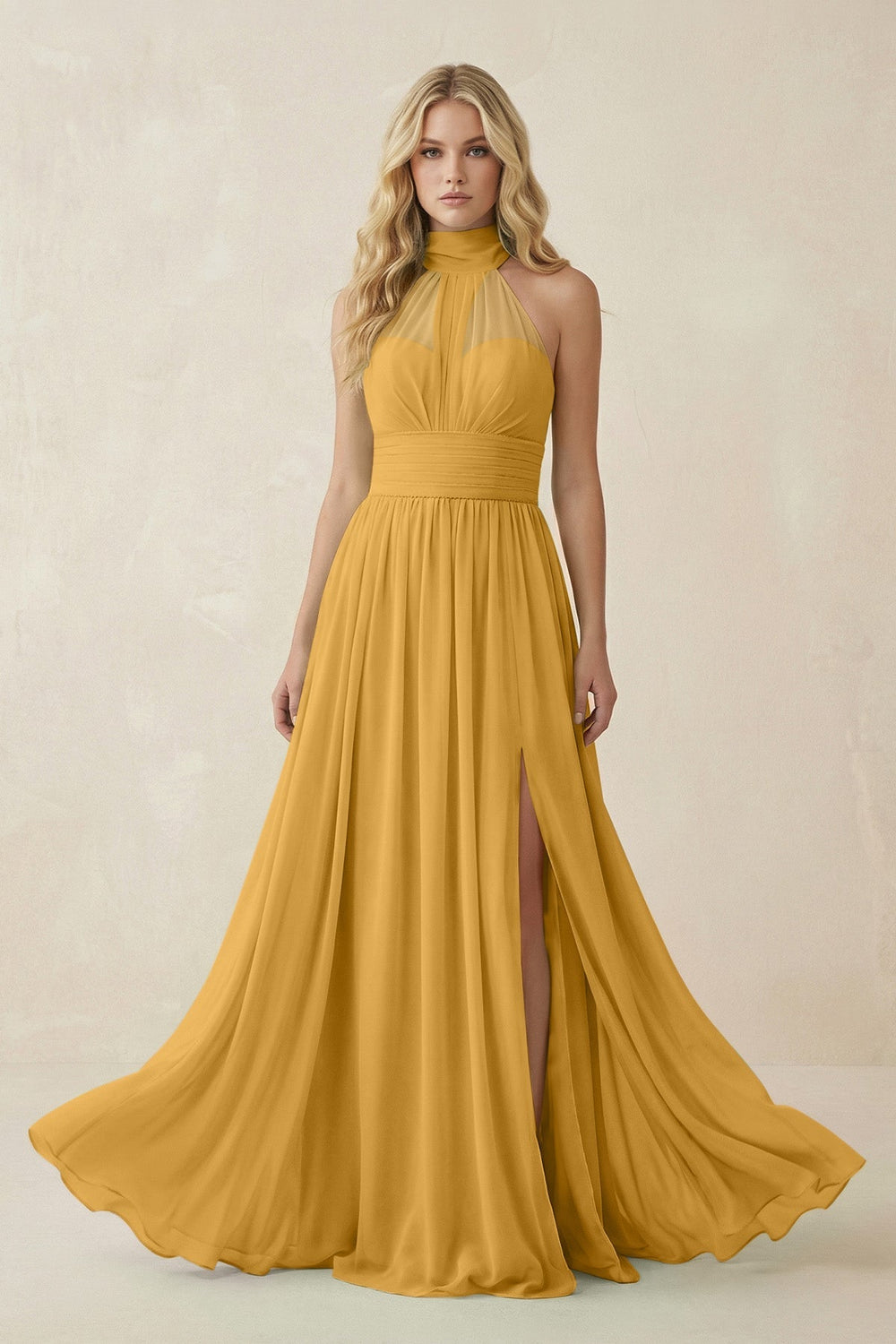 Illusion Halter A - Line Chiffon Bridesmaid Gown in Marigold - KISS BRIDAL Bridesmaid Dresses