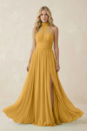 Illusion Halter A - Line Chiffon Bridesmaid Gown in Marigold - KISS BRIDAL Bridesmaid Dresses