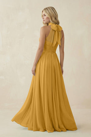 Illusion Halter A - Line Chiffon Bridesmaid Gown in Marigold - KISS BRIDAL Bridesmaid Dresses
