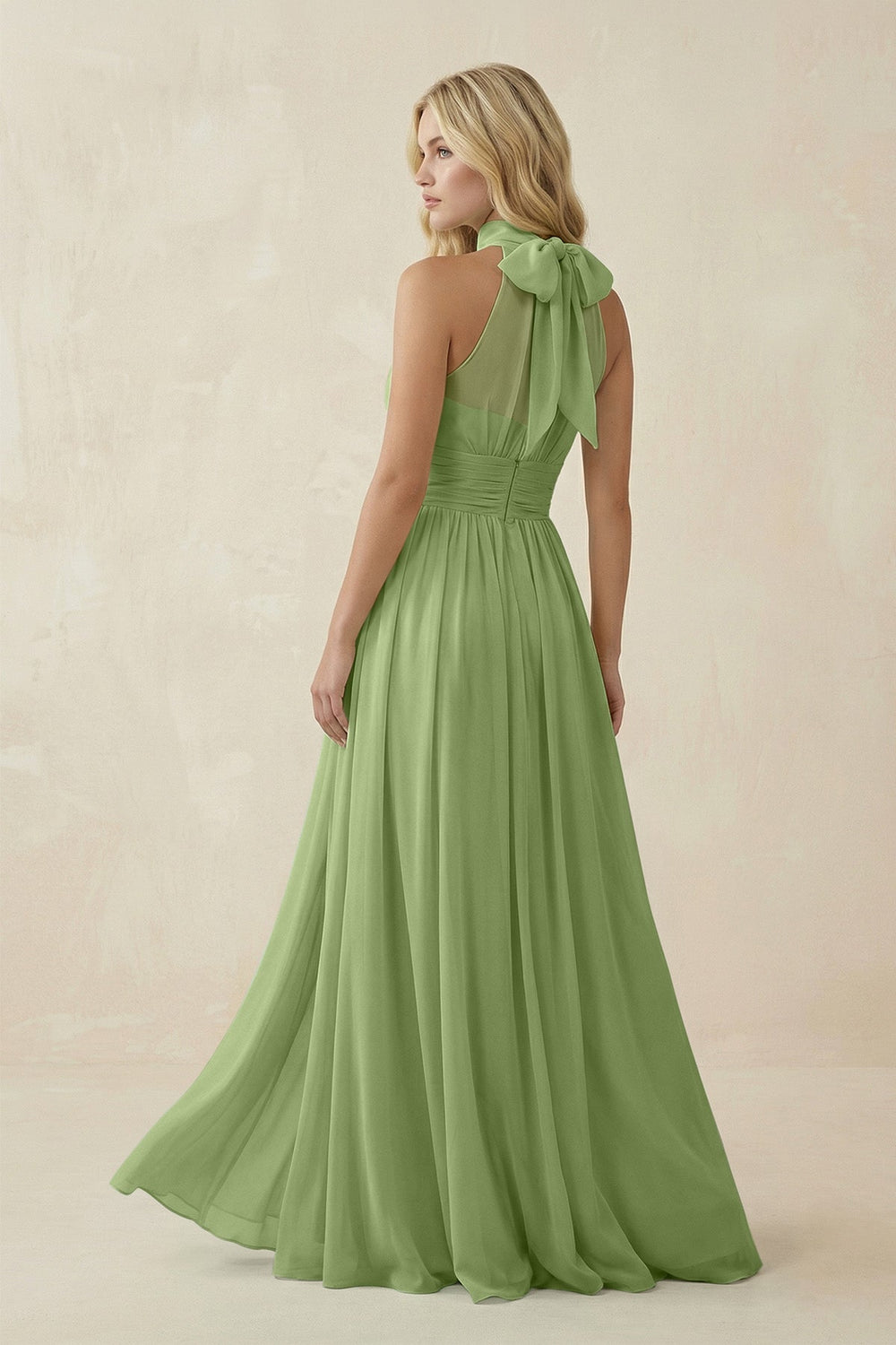 Illusion Halter A - Line Chiffon Bridesmaid Gown in Matcha - KISS BRIDAL Bridesmaid Dresses