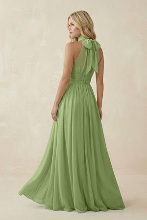 Illusion Halter A - Line Chiffon Bridesmaid Gown in Matcha - KISS BRIDAL Bridesmaid Dresses