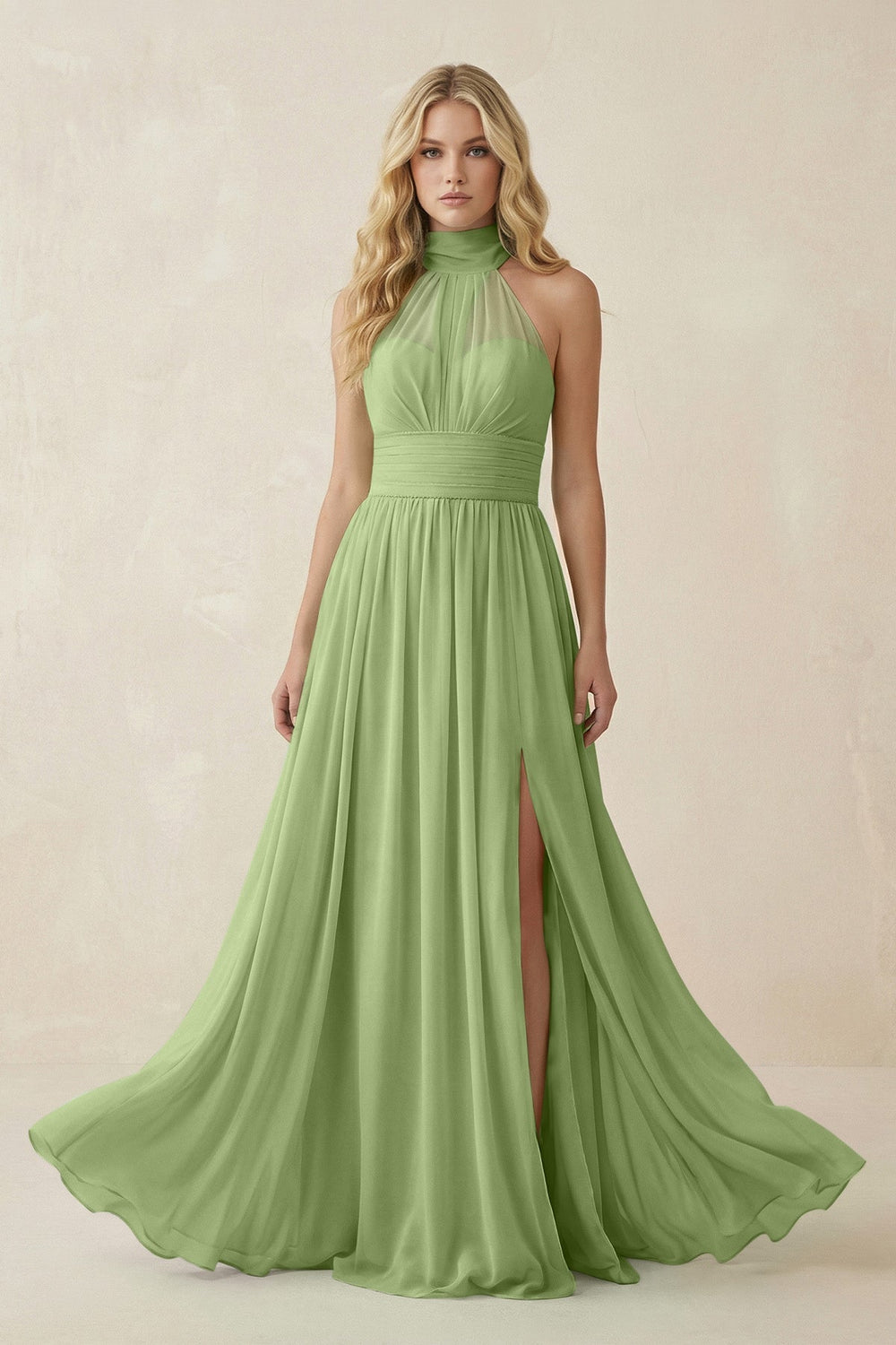 Illusion Halter A - Line Chiffon Bridesmaid Gown in Matcha - KISS BRIDAL Bridesmaid Dresses