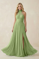 Illusion Halter A - Line Chiffon Bridesmaid Gown in Matcha - KISS BRIDAL Bridesmaid Dresses