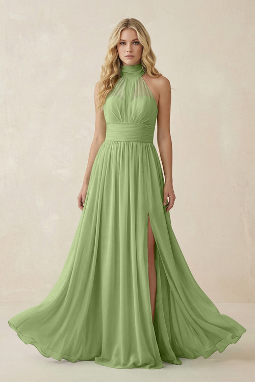Illusion Halter A - Line Chiffon Bridesmaid Gown in Matcha - KISS BRIDAL Bridesmaid Dresses