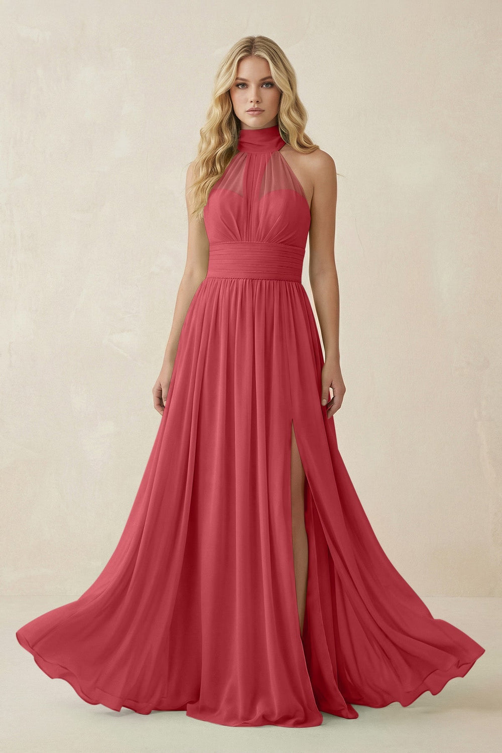 Illusion Halter A - Line Chiffon Bridesmaid Gown in Merlot - KISS BRIDAL Bridesmaid Dresses