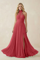 Illusion Halter A - Line Chiffon Bridesmaid Gown in Merlot - SHE IS ME Bridesmaid Dresses