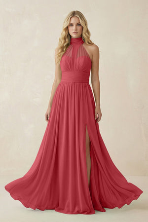 Illusion Halter A - Line Chiffon Bridesmaid Gown in Merlot - SHE IS ME Bridesmaid Dresses