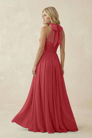 Illusion Halter A - Line Chiffon Bridesmaid Gown in Merlot - SHE IS ME Bridesmaid Dresses