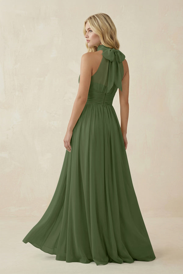 Illusion Halter A-Line Chiffon Bridesmaid Gown in Moss (2) | KISSBRIDAL