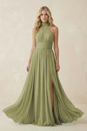 Illusion Halter A - Line Chiffon Bridesmaid Gown in Moss - KISS BRIDAL Bridesmaid Dresses