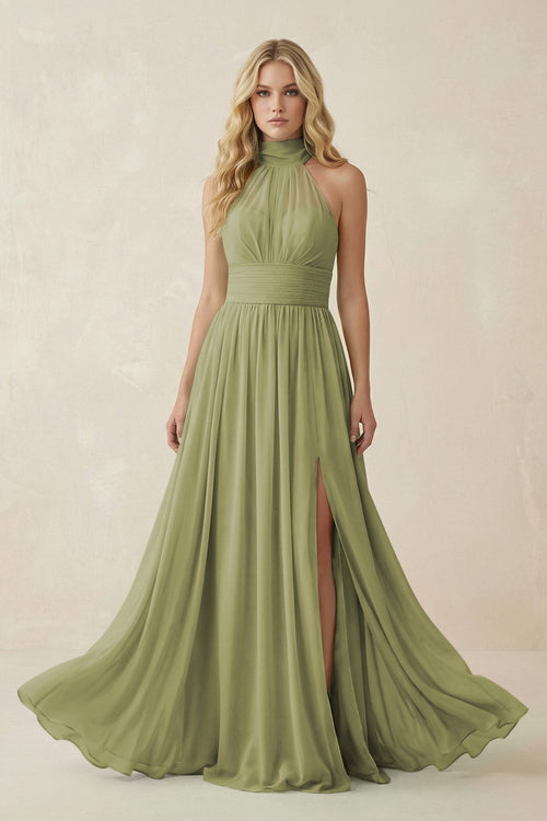 Illusion Halter A - Line Chiffon Bridesmaid Gown in Moss - KISS BRIDAL Bridesmaid Dresses