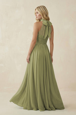 Illusion Halter A - Line Chiffon Bridesmaid Gown in Moss - KISS BRIDAL Bridesmaid Dresses