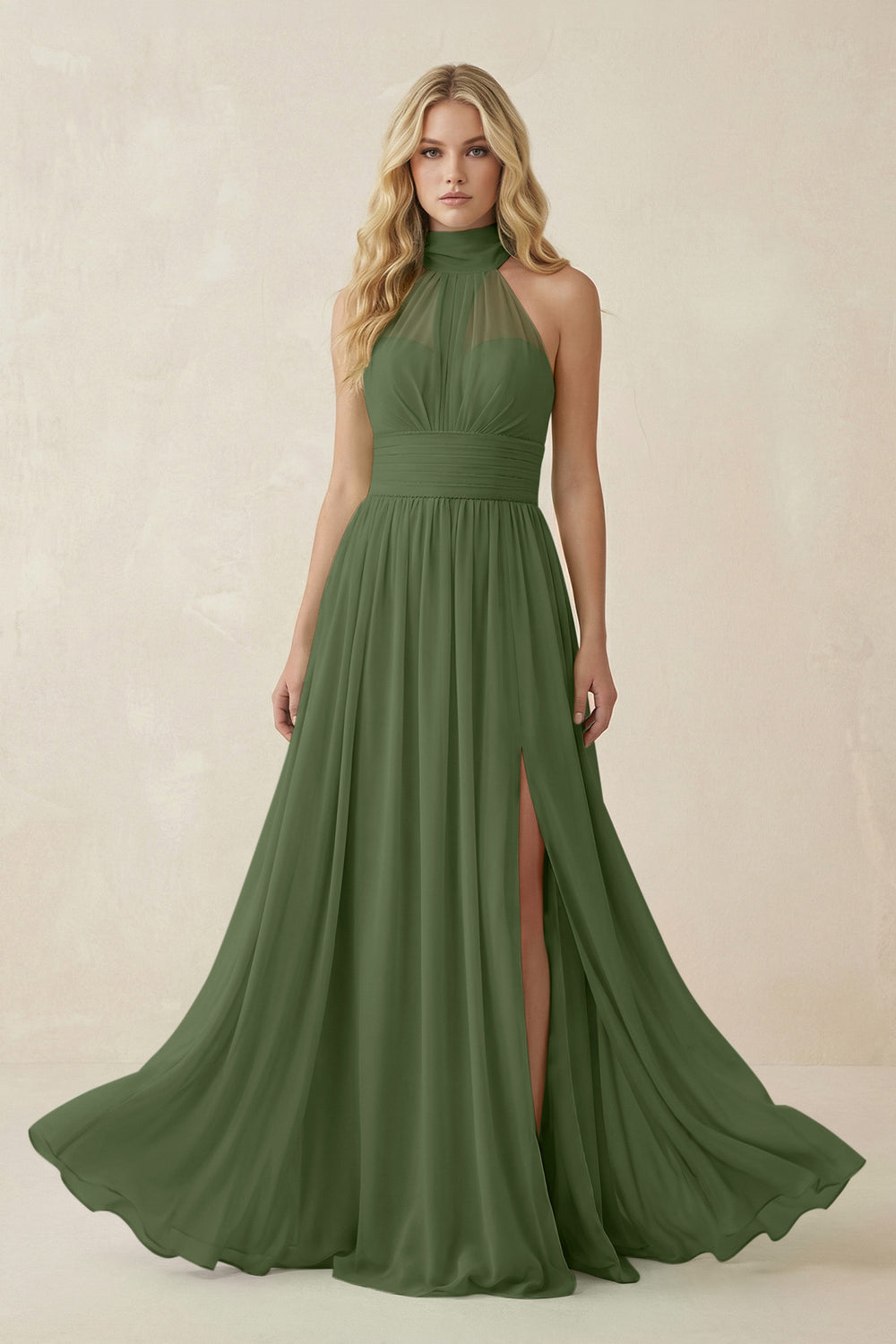 Illusion Halter A-Line Chiffon Bridesmaid Gown in Moss