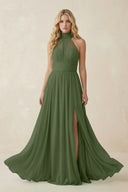 Illusion Halter A-Line Chiffon Bridesmaid Gown in Moss | KISSBRIDAL