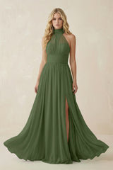Illusion Halter A-Line Chiffon Bridesmaid Gown in Moss | KISSBRIDAL