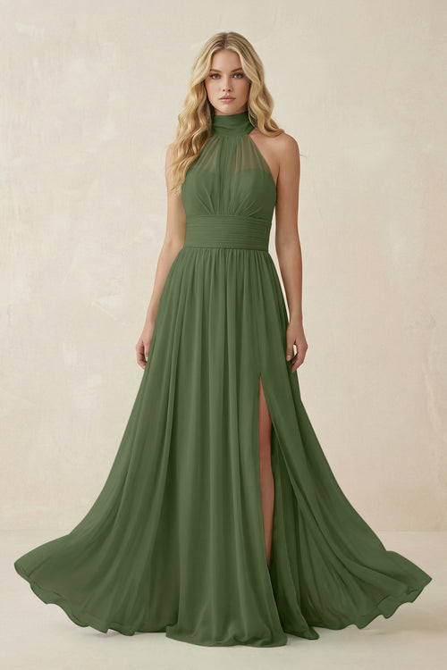 Illusion Halter A-Line Chiffon Bridesmaid Gown in Moss | KISSBRIDAL