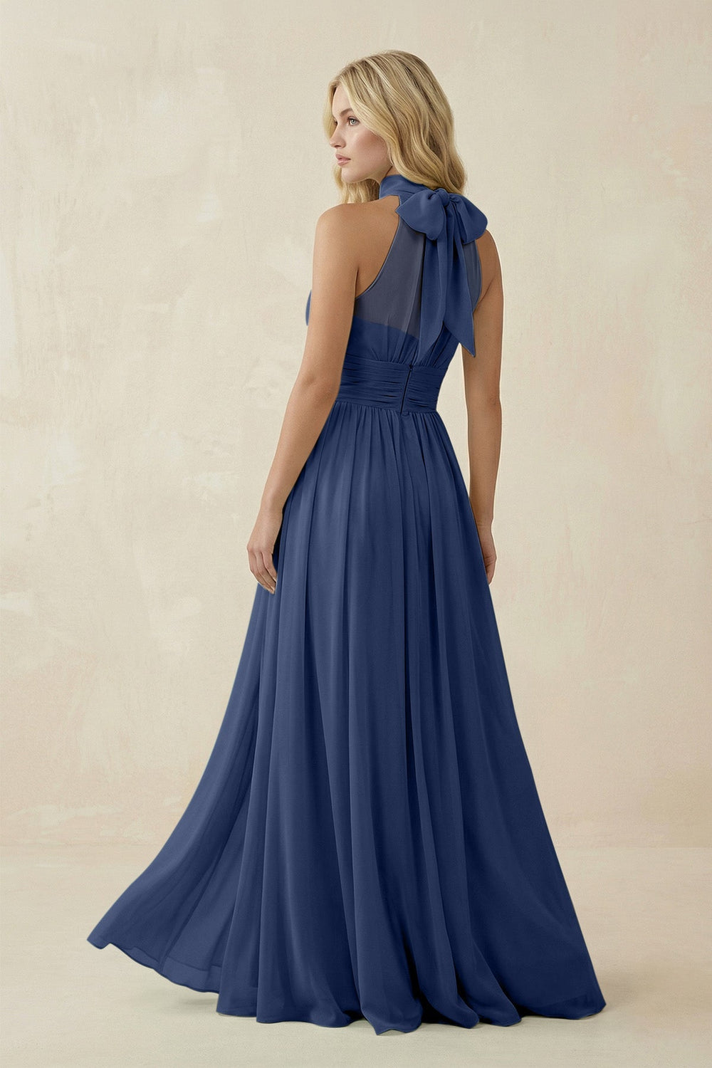 Illusion Halter A - Line Chiffon Bridesmaid Gown in Navy - KISS BRIDAL Bridesmaid Dresses
