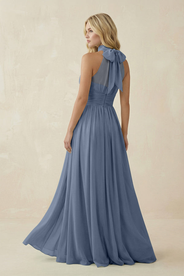 Illusion Halter A - Line Chiffon Bridesmaid Gown in Neptune - KISS BRIDAL Bridesmaid Dresses