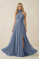 Illusion Halter A - Line Chiffon Bridesmaid Gown in Neptune - KISS BRIDAL Bridesmaid Dresses