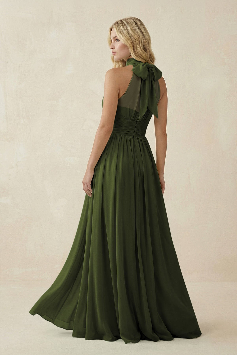 Illusion Halter A - Line Chiffon Bridesmaid Gown in Olive - KISS BRIDAL Bridesmaid Dresses