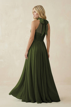 Illusion Halter A - Line Chiffon Bridesmaid Gown in Olive - KISS BRIDAL Bridesmaid Dresses
