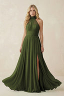 Illusion Halter A - Line Chiffon Bridesmaid Gown in Olive - KISS BRIDAL Bridesmaid Dresses
