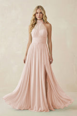 Illusion Halter A - Line Chiffon Bridesmaid Gown in Pale Blush - KISS BRIDAL Bridesmaid Dresses