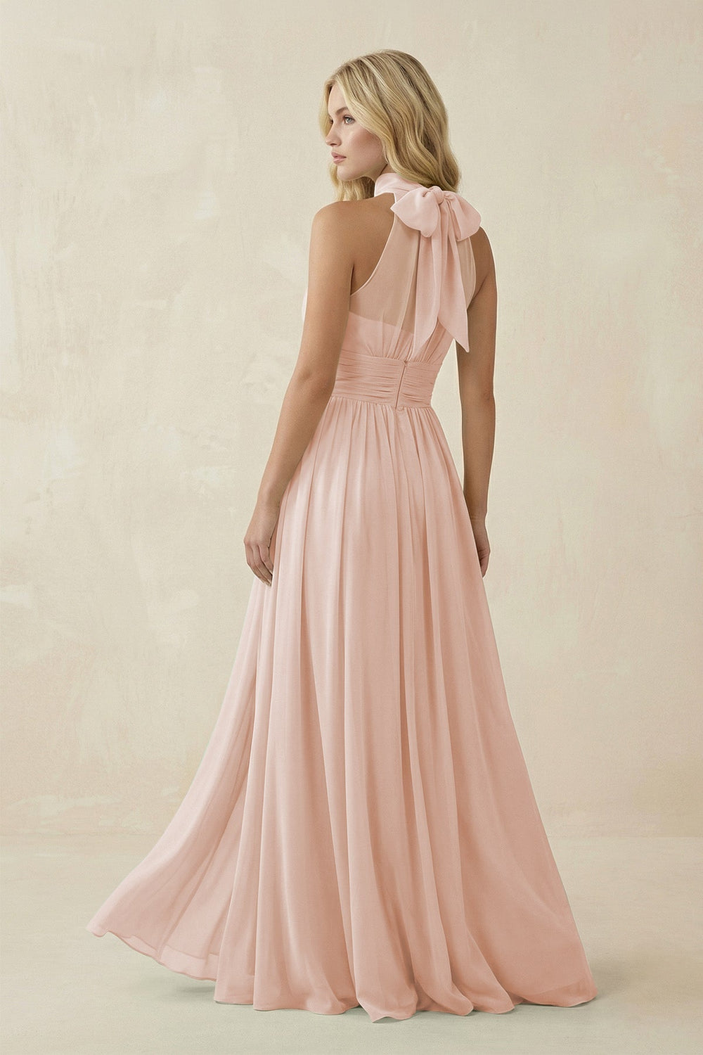 Illusion Halter A - Line Chiffon Bridesmaid Gown in Pale Blush - KISS BRIDAL Bridesmaid Dresses