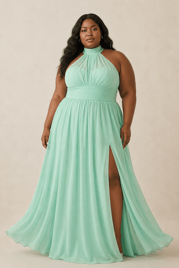 Illusion Halter A - Line Chiffon Bridesmaid Gown in Pale Pistachio - KISS BRIDAL Bridesmaid Dresses