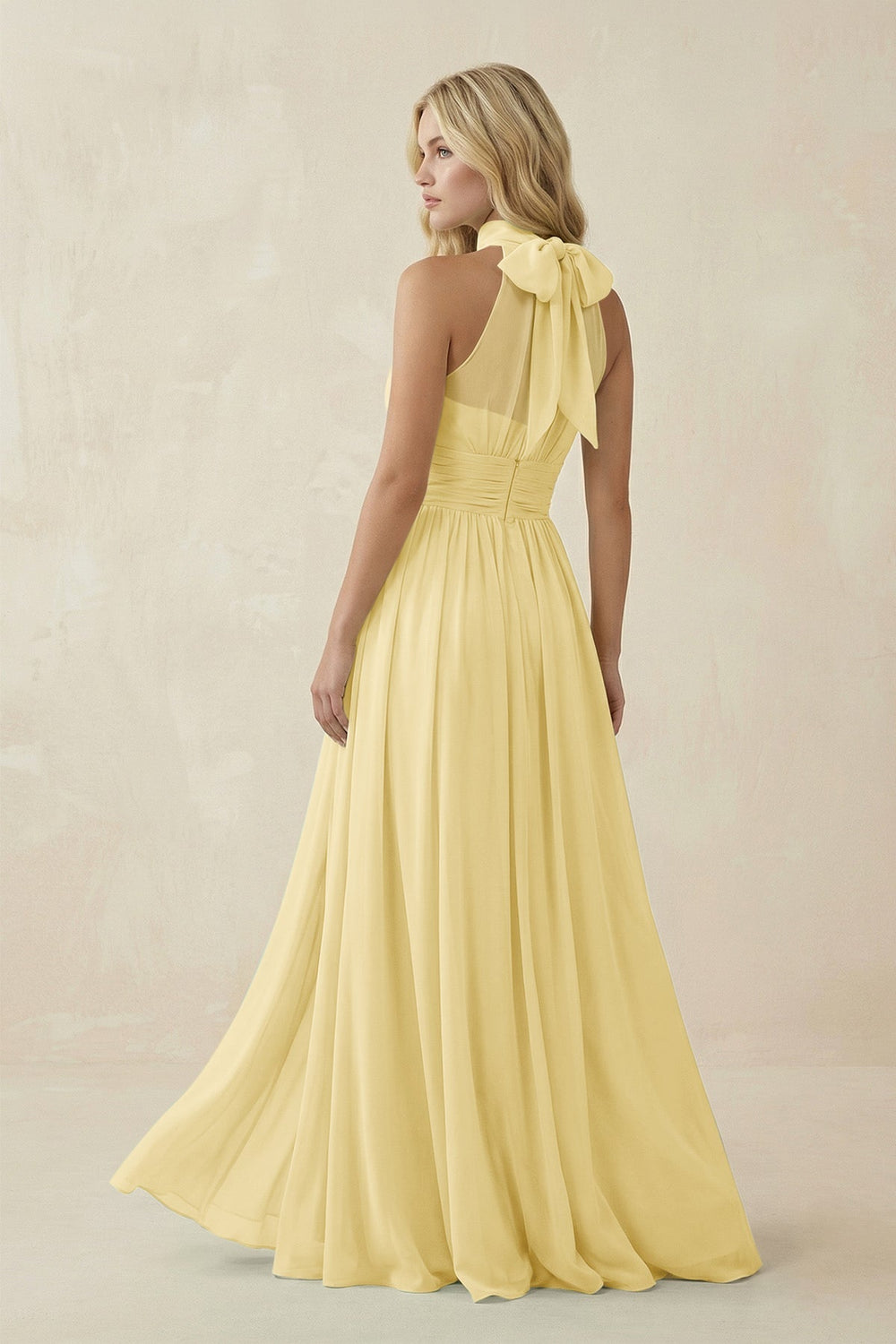 Illusion Halter A - Line Chiffon Bridesmaid Gown in Pastel Yellow - KISS BRIDAL Bridesmaid Dresses