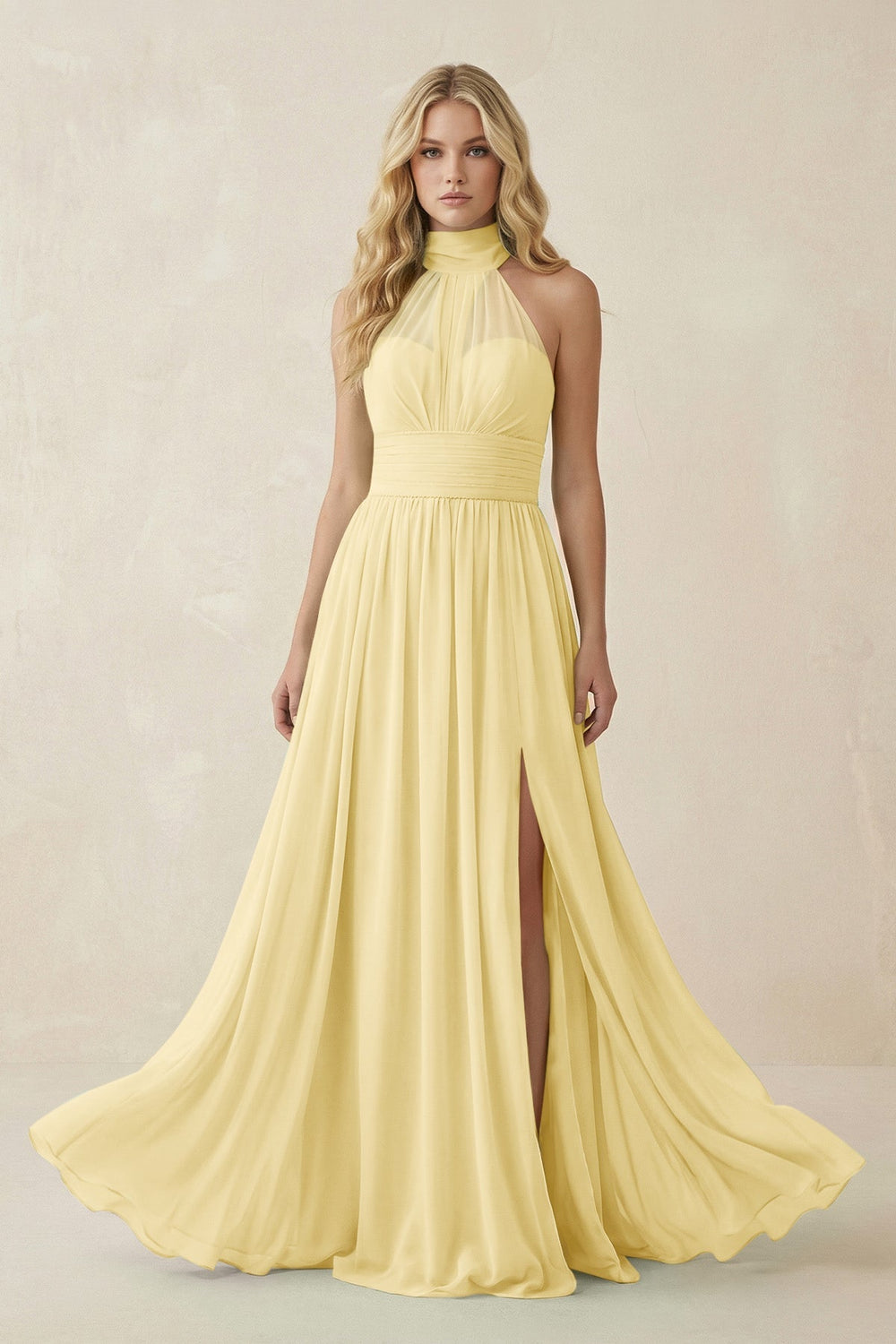Illusion Halter A - Line Chiffon Bridesmaid Gown in Pastel Yellow - KISS BRIDAL Bridesmaid Dresses
