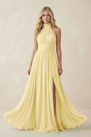 Illusion Halter A - Line Chiffon Bridesmaid Gown in Pastel Yellow - KISS BRIDAL Bridesmaid Dresses