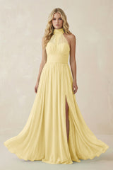 Illusion Halter A - Line Chiffon Bridesmaid Gown in Pastel Yellow - KISS BRIDAL Bridesmaid Dresses