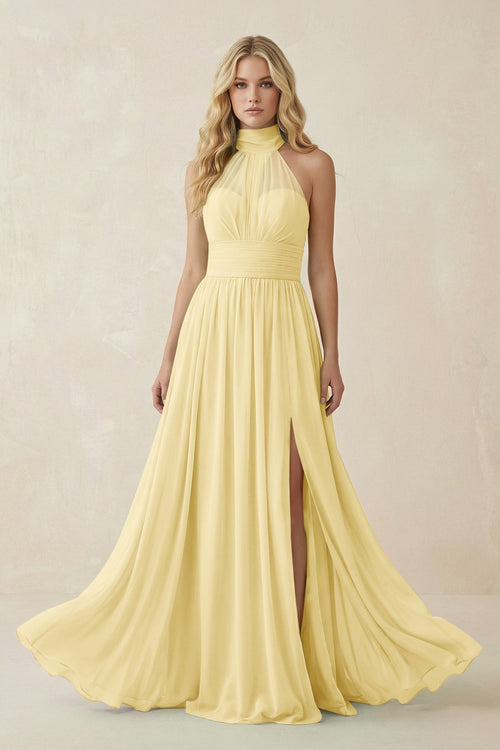 Illusion Halter A - Line Chiffon Bridesmaid Gown in Pastel Yellow - KISS BRIDAL Bridesmaid Dresses