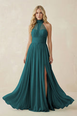 Illusion Halter A - Line Chiffon Bridesmaid Gown in Pine - KISS BRIDAL Bridesmaid Dresses