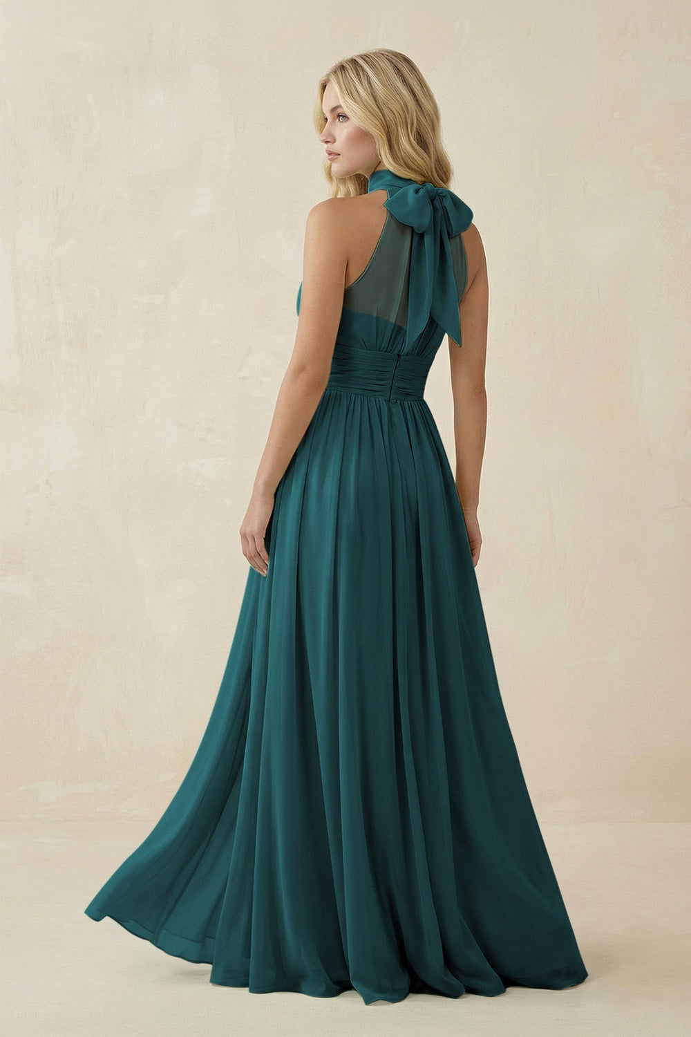 Illusion Halter A - Line Chiffon Bridesmaid Gown in Pine - KISS BRIDAL Bridesmaid Dresses