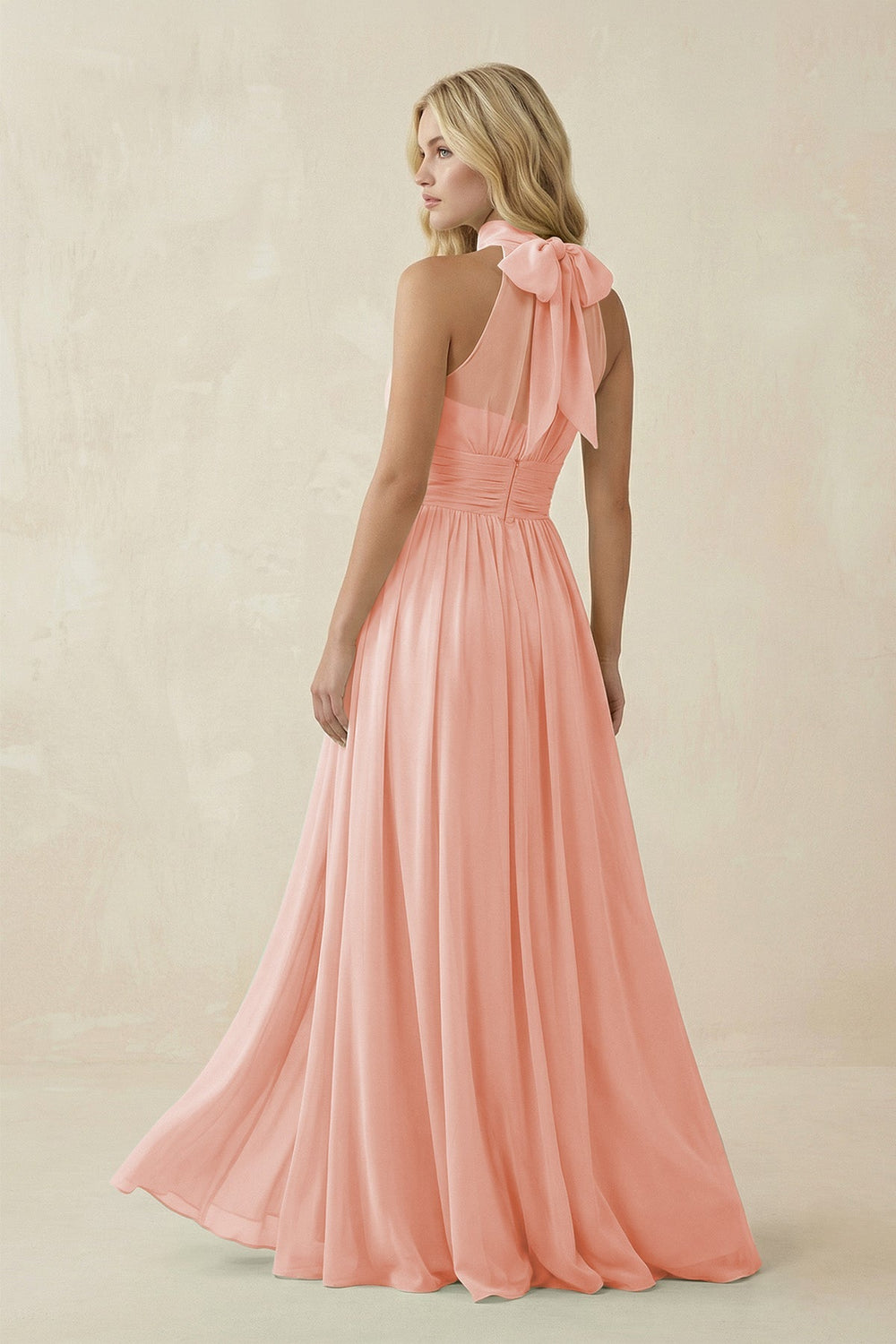 Illusion Halter A - Line Chiffon Bridesmaid Gown in Rose Petal - KISS BRIDAL Bridesmaid Dresses