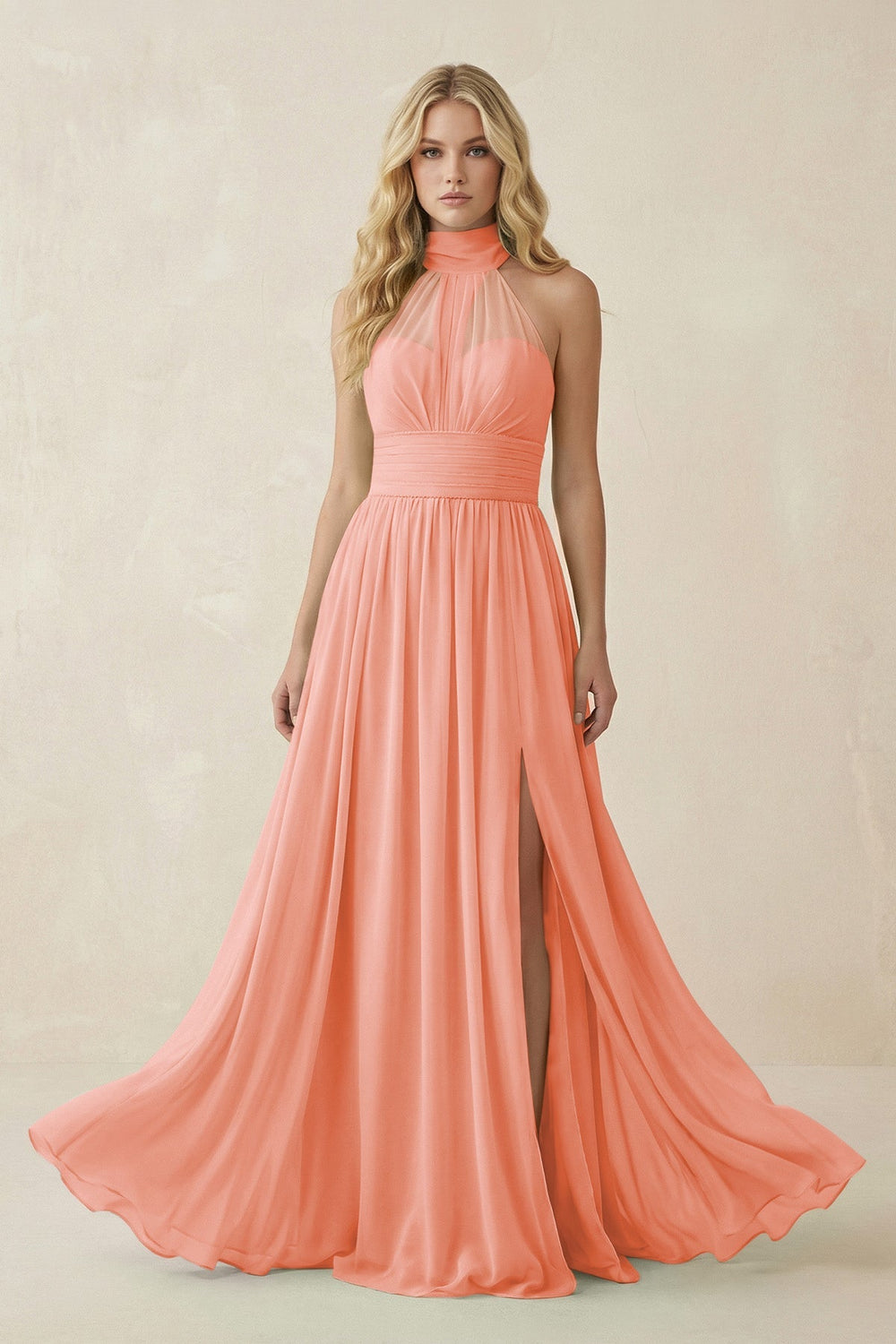 Illusion Halter A - Line Chiffon Bridesmaid Gown in Rosette - KISS BRIDAL Bridesmaid Dresses